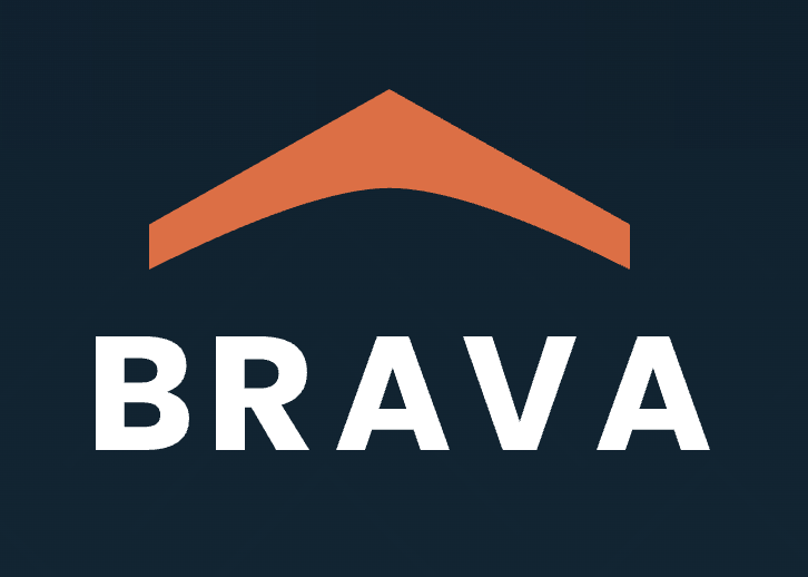 Logo featuring an orange roof shape above the word 'BRAVA'.