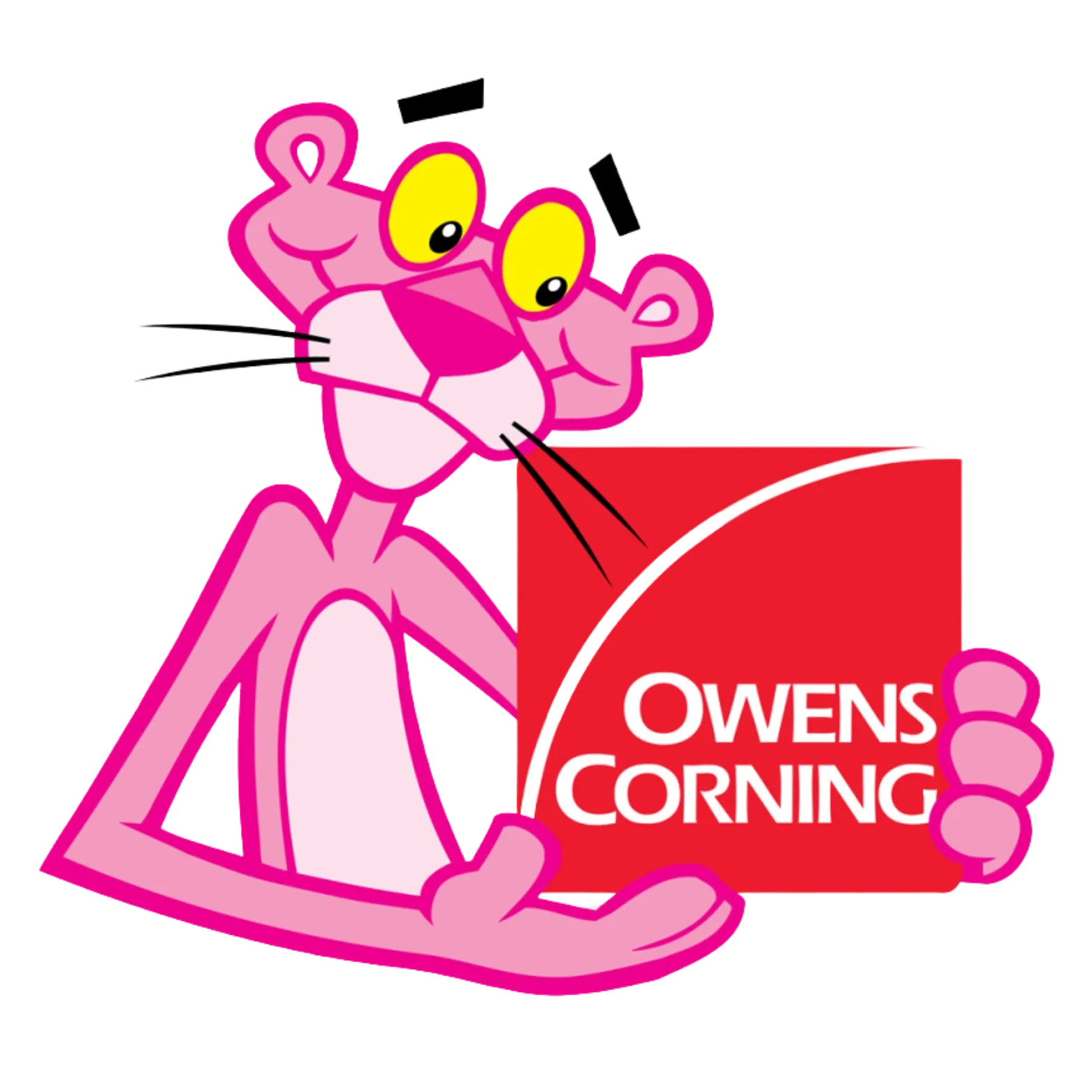 Pink Panther holding an Owens Corning logo.